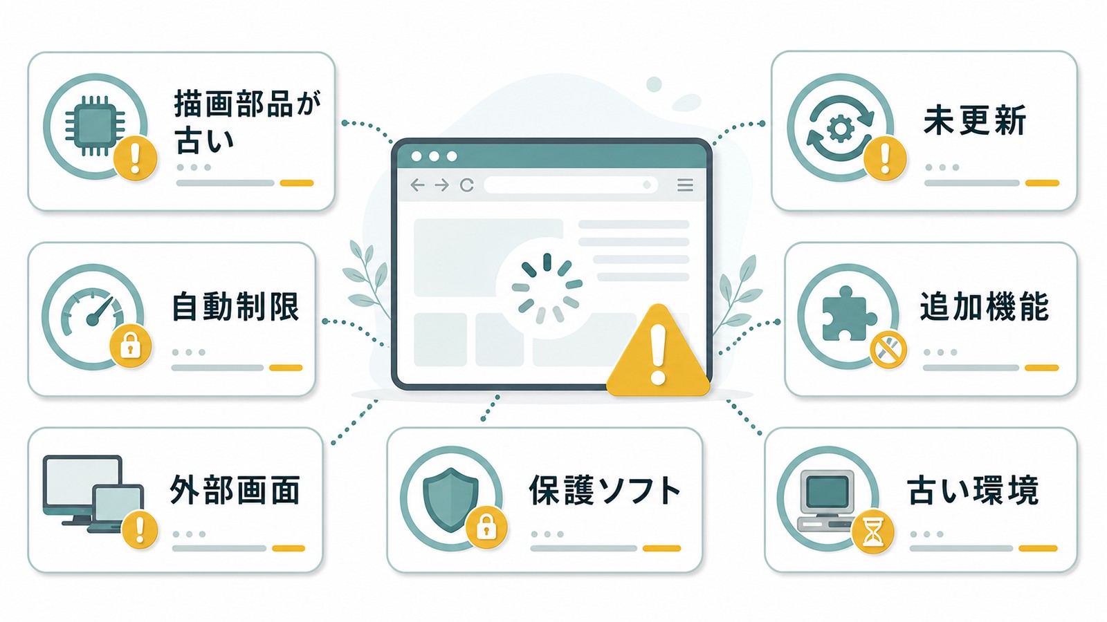 Chromeのハードウェアアクセラレーションが効かない原因を描画部分が古い自動制限外部画面保護ソフト未更新追加機能古い環境で整理した図解