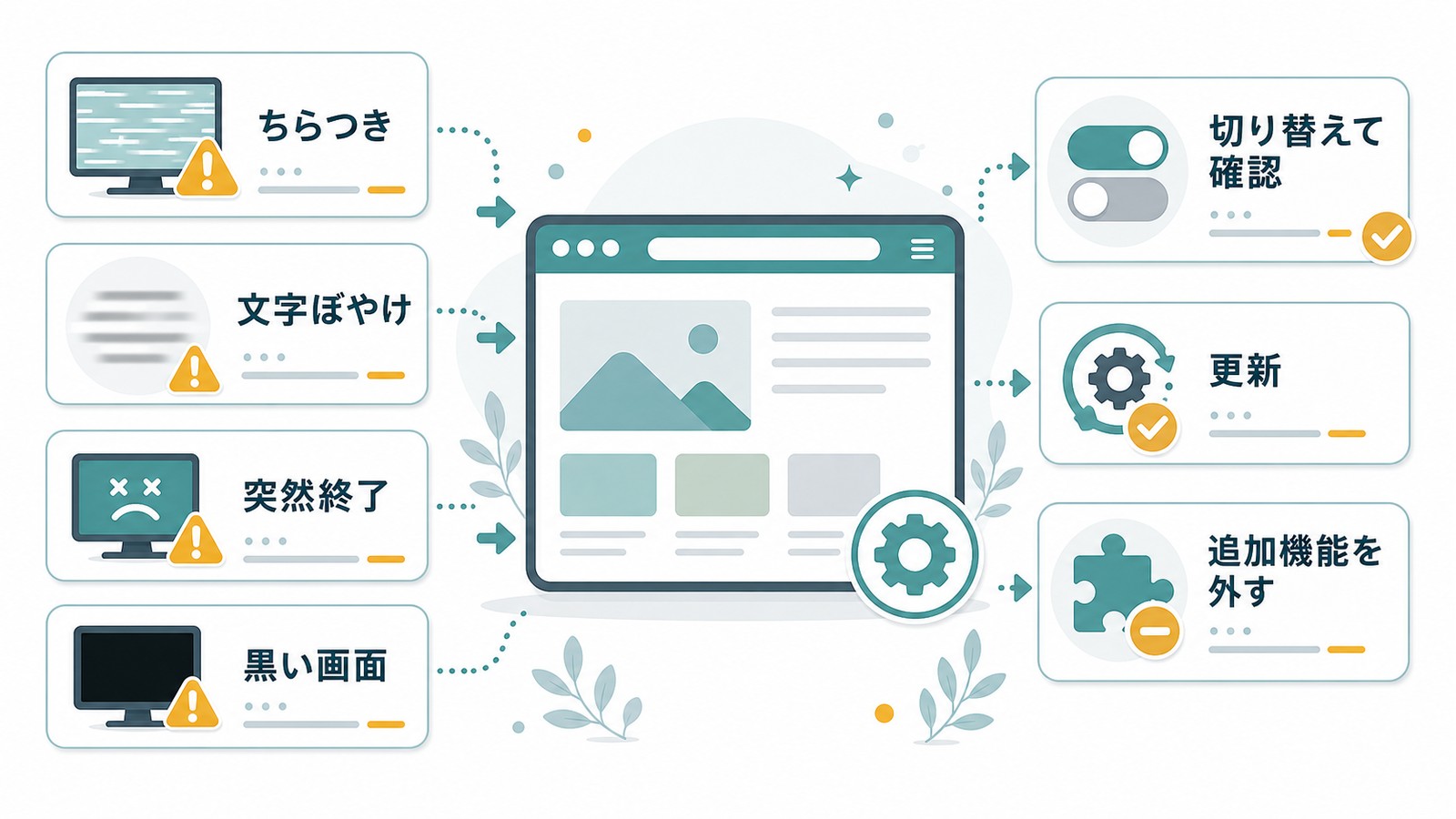 Chromeでハードウェアアクセラレーション有効後にちらつき文字ぼやけ突然終了黒い画面が起きた時の切り替え更新追加機能確認の図解