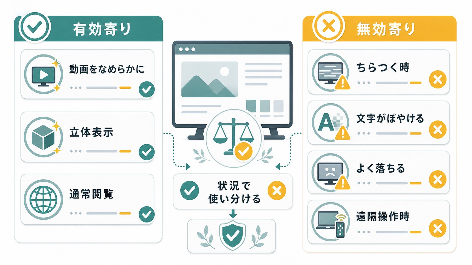 Chromeのハードウェアアクセラレーションを動画立体表示通常閲覧なら有効寄りちらつき文字ぼやけ落ちる時は無効寄りで判断する図解