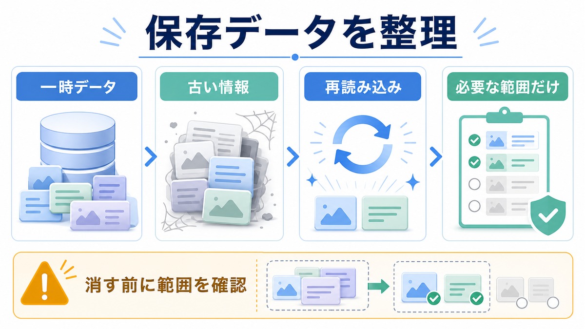 Chromeの保存データを一時データ古い情報再読み込み必要な範囲に分けて整理する図解