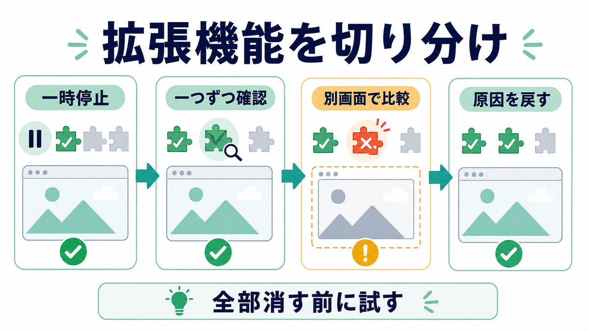 Chromeの拡張機能を一時停止して一つずつ確認し別画面で比較する図解