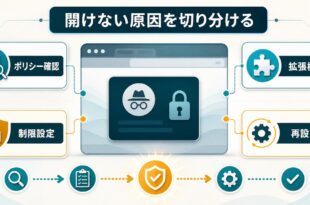 Chromeのシークレットウィンドウが開けない時にポリシー確認制限設定拡張機能再設定を順番に切り分けるアイキャッチ画像