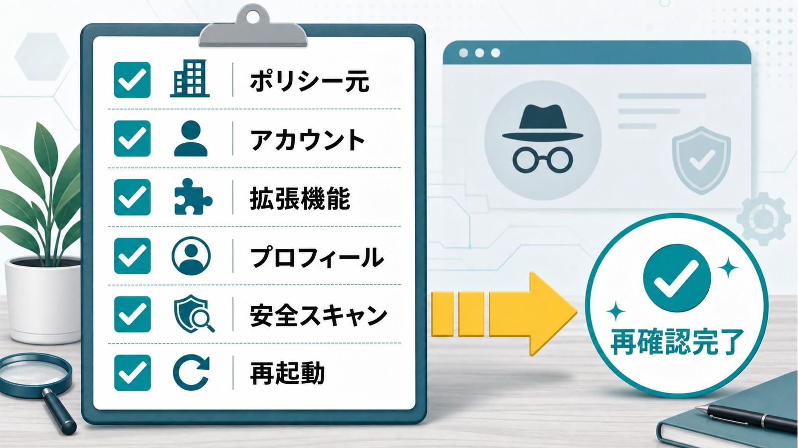 シークレットウィンドウが開けない問題でポリシー元アカウント拡張機能プロフィール安全スキャン再起動を再確認するチェックリスト図解