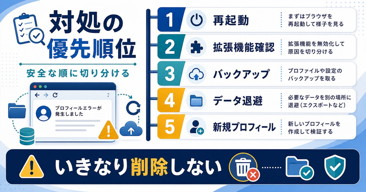 プロフィールエラーで再起動、拡張機能確認、バックアップ、データ退避、新規プロフィールの順に対処する図