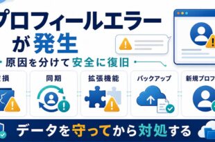 Chromeでプロフィールエラーが発生した時に破損、同期、拡張機能、バックアップ、新規プロフィールを確認する図