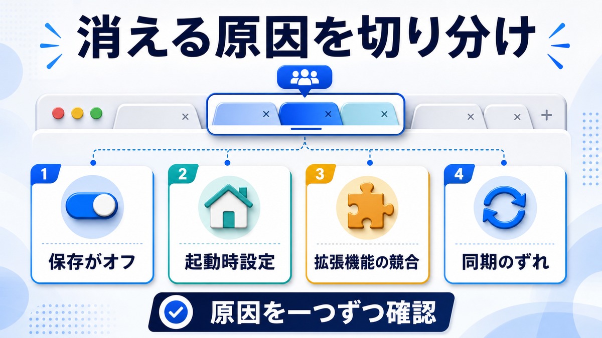 タブグループが消える原因を保存設定・起動時設定・拡張機能・同期で切り分ける図解
