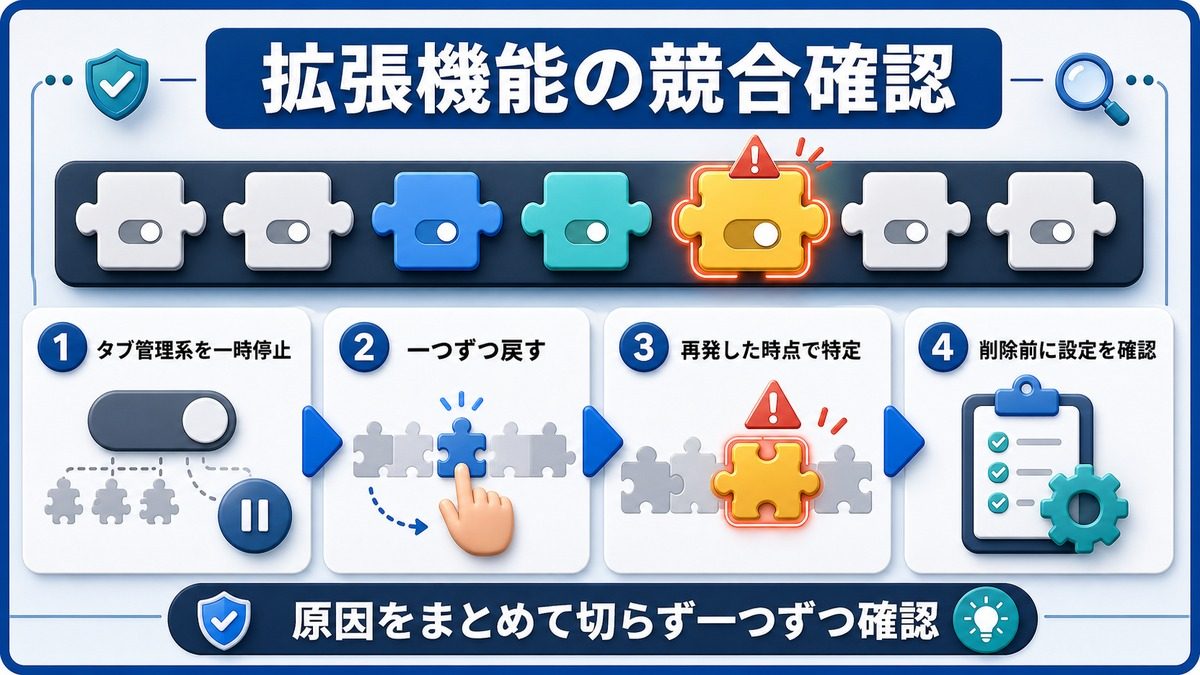タブ管理系の拡張機能を一時停止して一つずつ競合を確認する図解