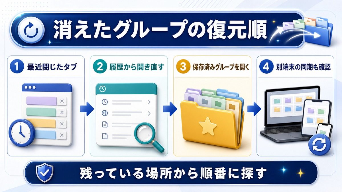 消えたタブグループを最近閉じたタブ・履歴・保存済みグループ・別端末同期から探す図解