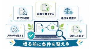 Claudeでファイルアップロードできない時に形式容量通信ブラウザ分割を確認する流れを整理した図解