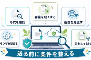 Claudeでファイルアップロードできない時に形式容量通信ブラウザ分割を確認する流れを整理した図解