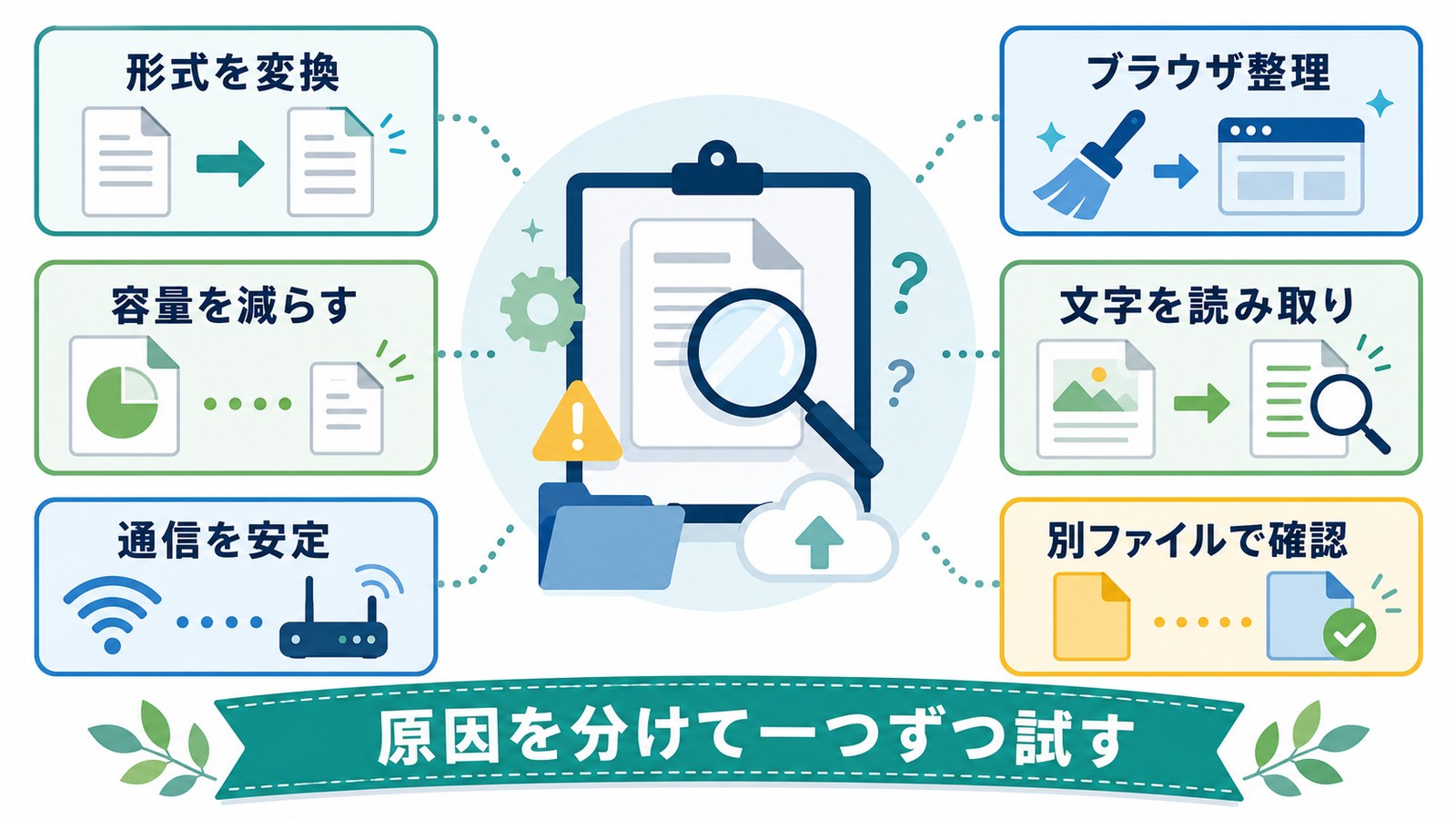 Claudeファイルアップロードエラーで形式変換容量削減通信安定ブラウザ整理文字読み取り別ファイル確認を行う図解