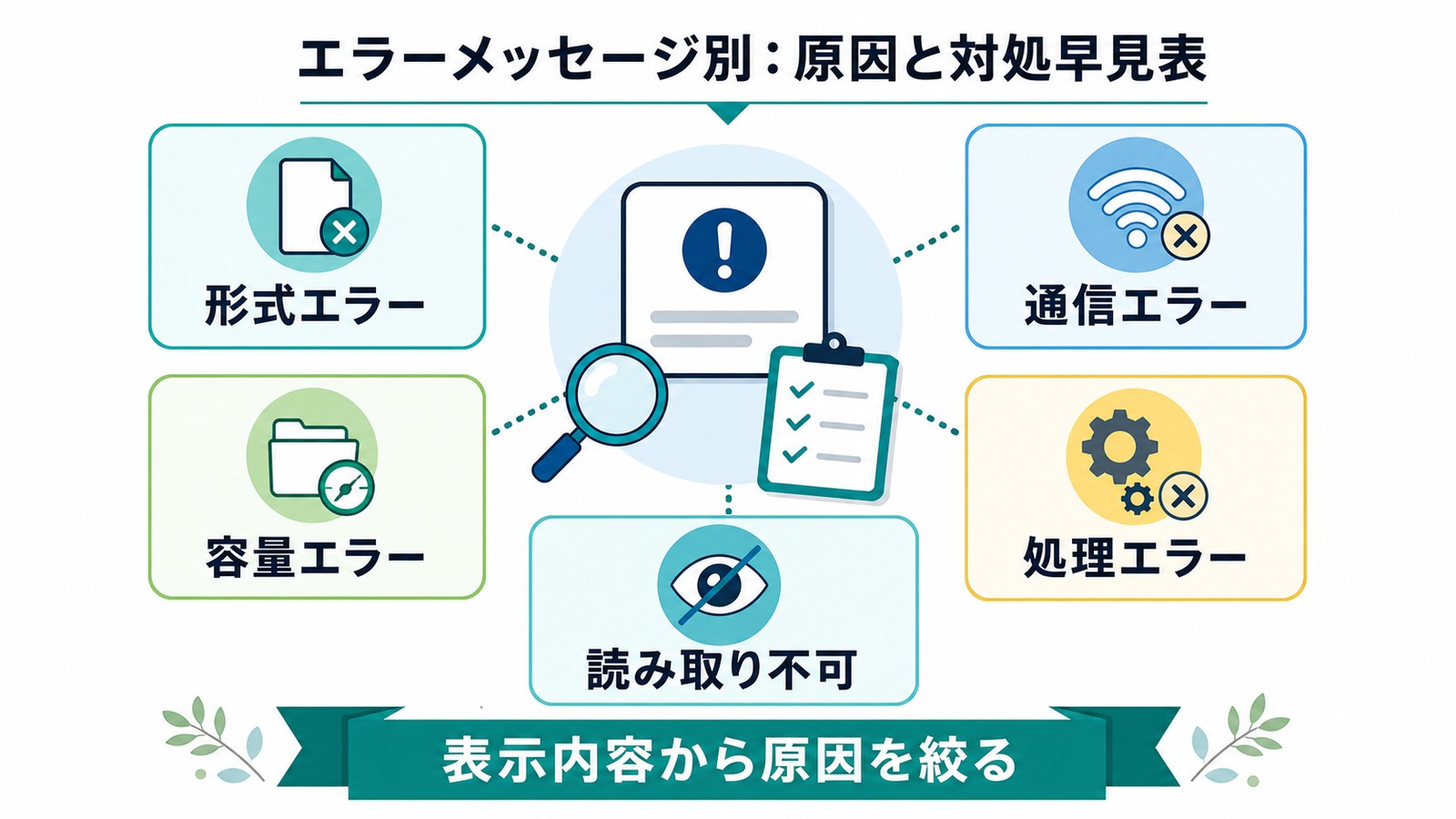 Claudeファイルアップロードで形式エラー容量エラー通信エラー処理エラー読み取り不可を見分ける図解