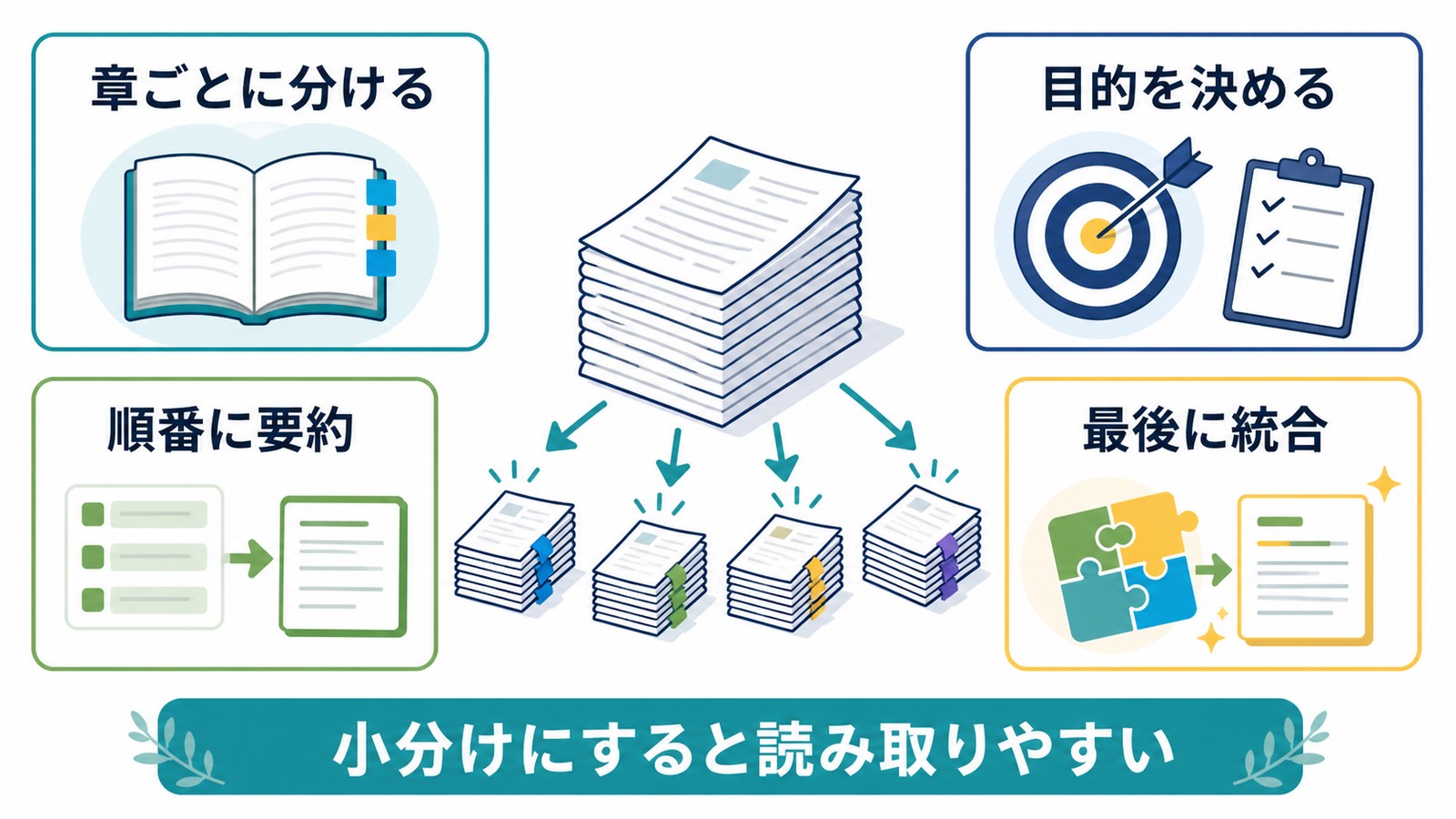 Claudeで大きなPDFや文書を章ごとに分け目的を決め順番に要約して最後に統合する図解