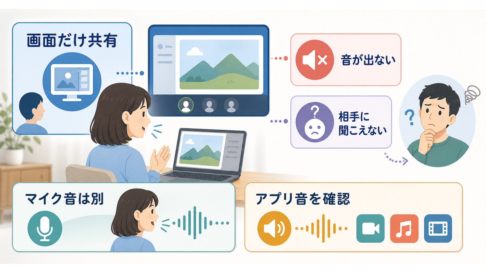 Discord画面共有で画面だけ共有され音が出ない相手に聞こえないマイク音とアプリ音が別である点を整理した図解