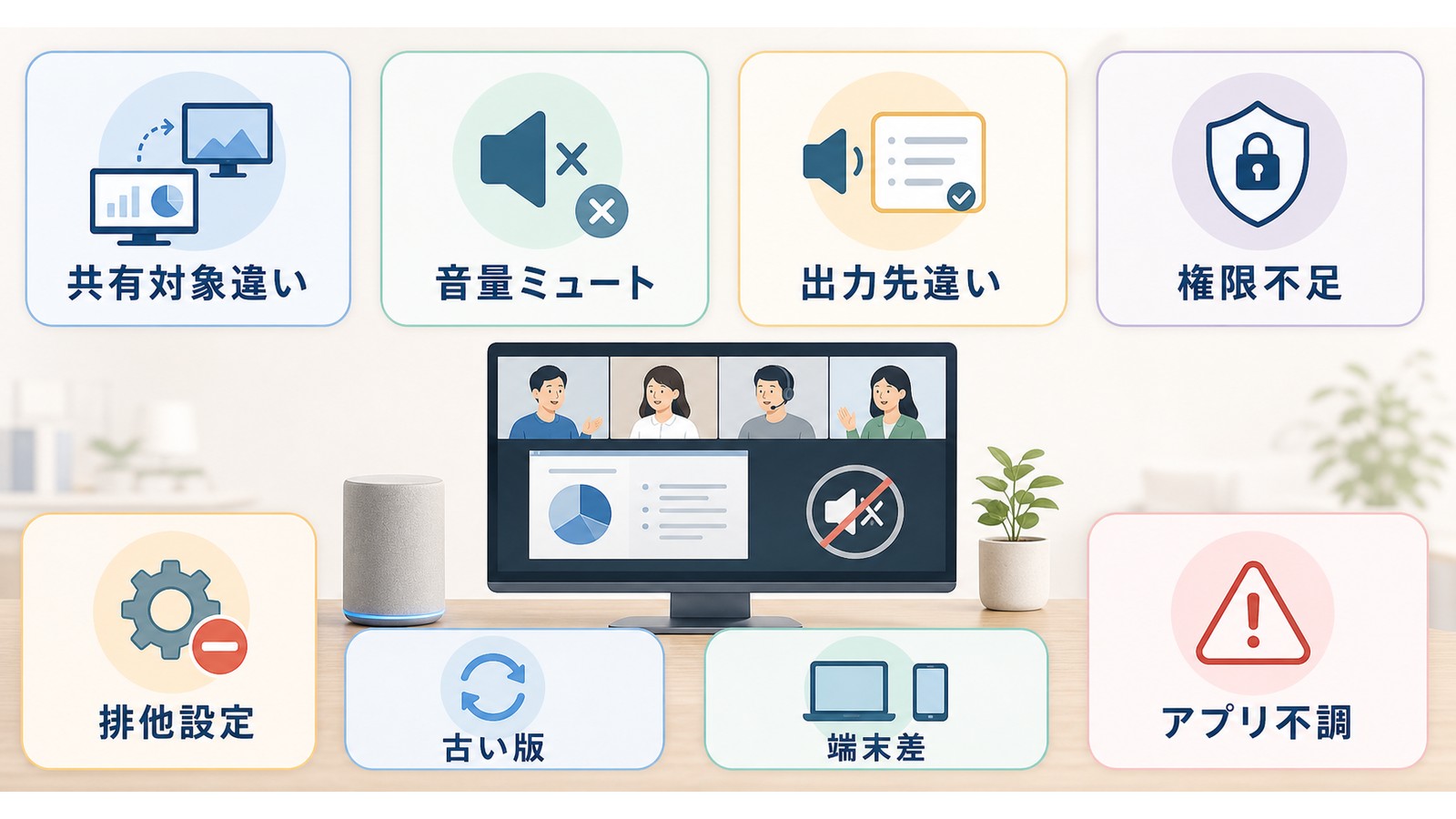Discord画面共有で音が出ない原因として共有対象違い音量ミュート出力先違い権限不足排他設定古い版端末差アプリ不調を整理した図解