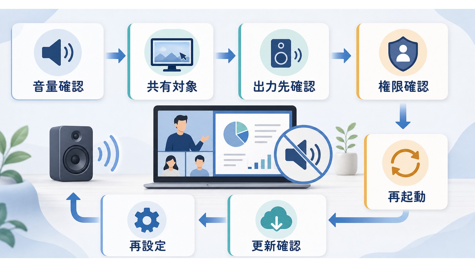 Discord画面共有で音が出ない時に音量確認共有対象出力先確認権限確認再起動更新確認再設定を進める図解