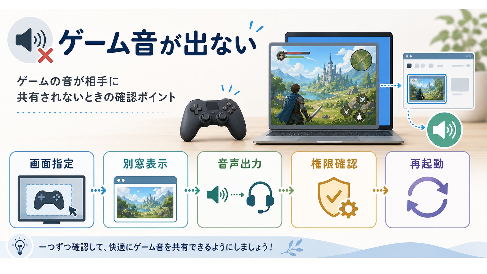 Discord画面共有でゲーム音が出ない時に画面指定別窓表示音声出力権限確認再起動を確認する図解