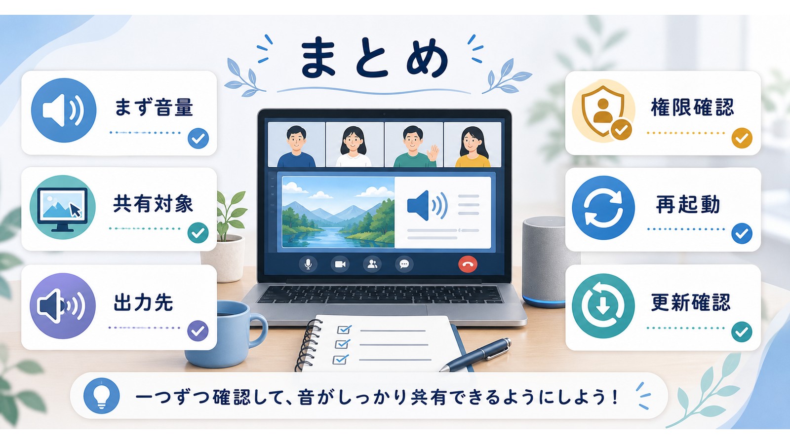 Discord画面共有で音が出ない時にまず音量共有対象出力先権限確認再起動更新確認を順に見るまとめ図解