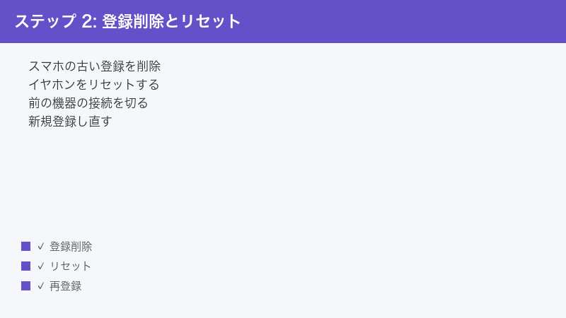ステップ 2: 登録削除とリセット — スマホの古い登録を削除・イヤホンをリセットする・前の機器の接続を切る