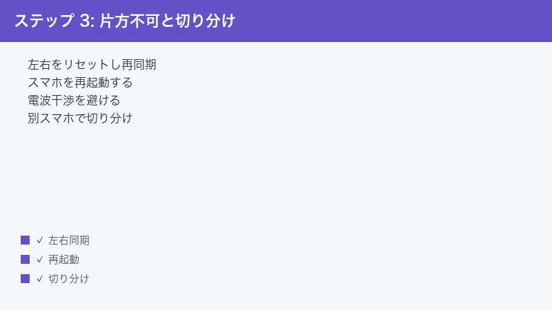 ステップ 3: 片方不可と切り分け — 左右をリセットし再同期・スマホを再起動する・電波干渉を避ける