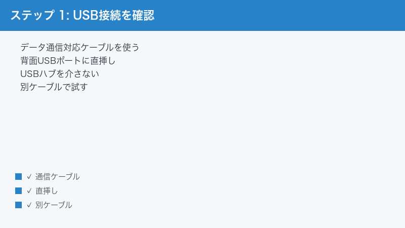 ステップ 1: USB接続を確認 — データ通信対応ケーブルを使う・背面USBポートに直挿し・USBハブを介さない