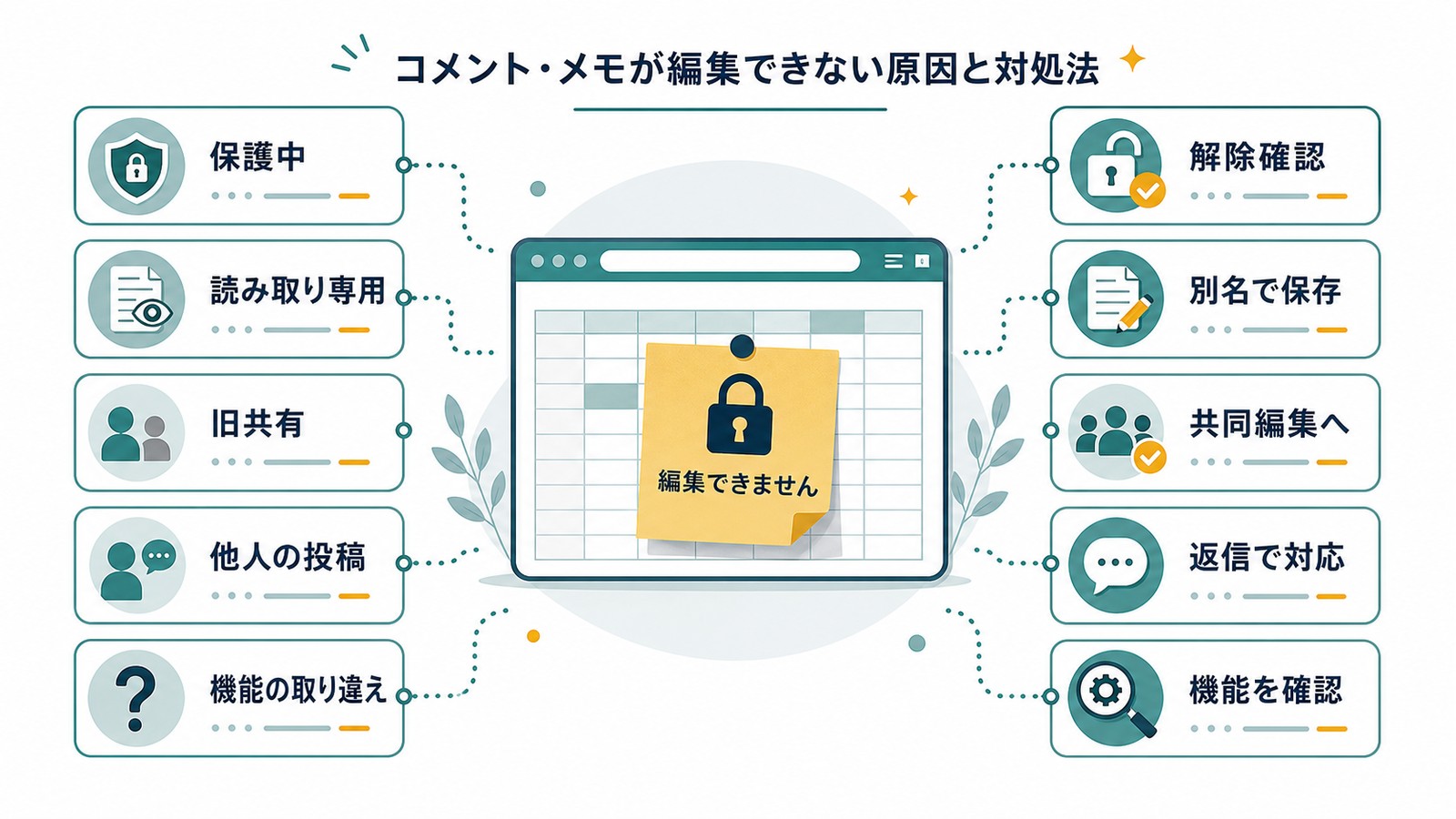 Excelのコメントとメモが編集できない時に保護中読み取り専用旧共有他人の投稿機能取り違えを確認する図解