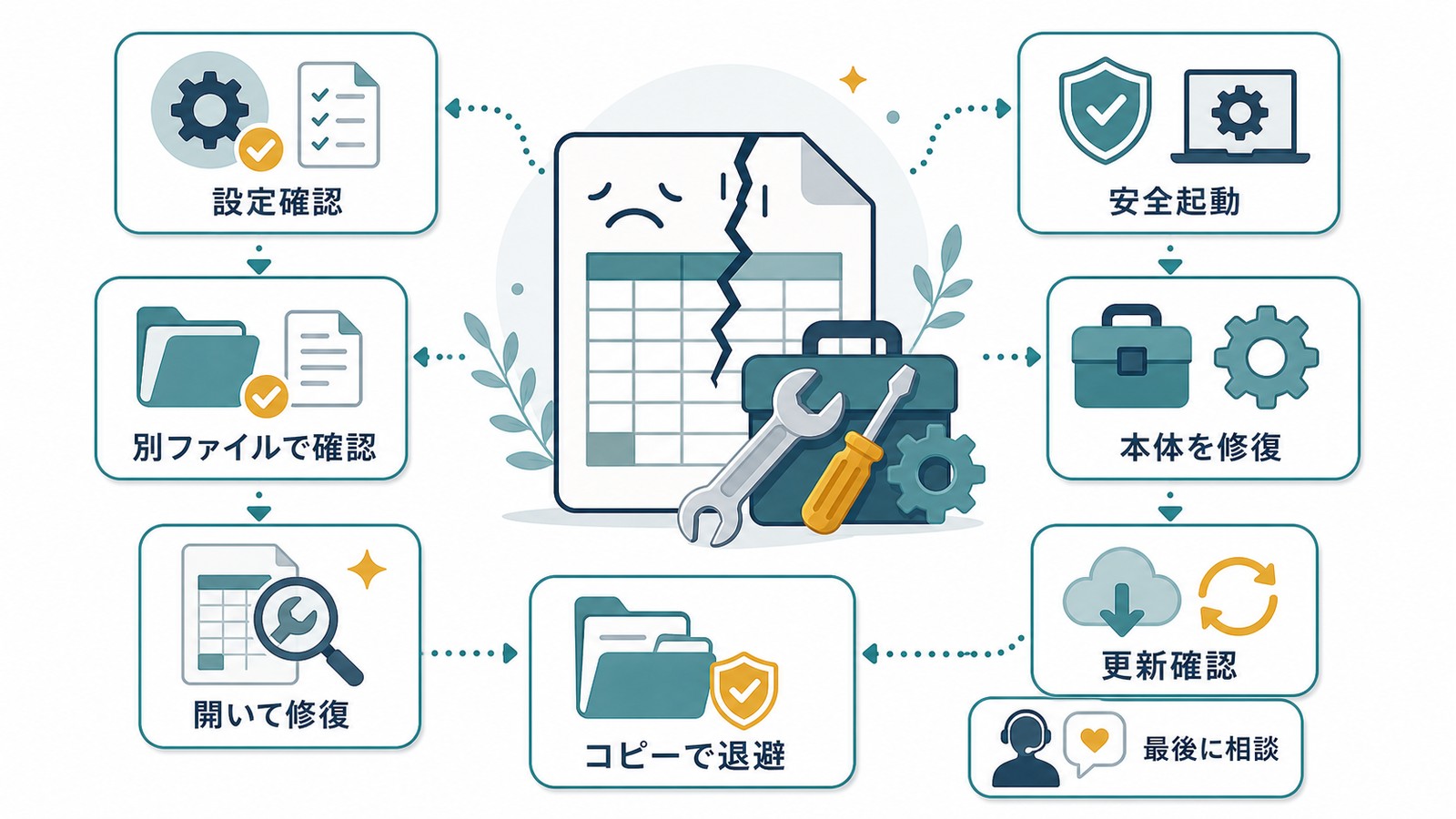 Excelのコメントとメモの問題が直らない時に別ファイル確認開いて修復安全起動本体修復更新確認を行う図解