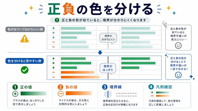 正の値、負の値、境界線、凡例確認を整理した日本語図解