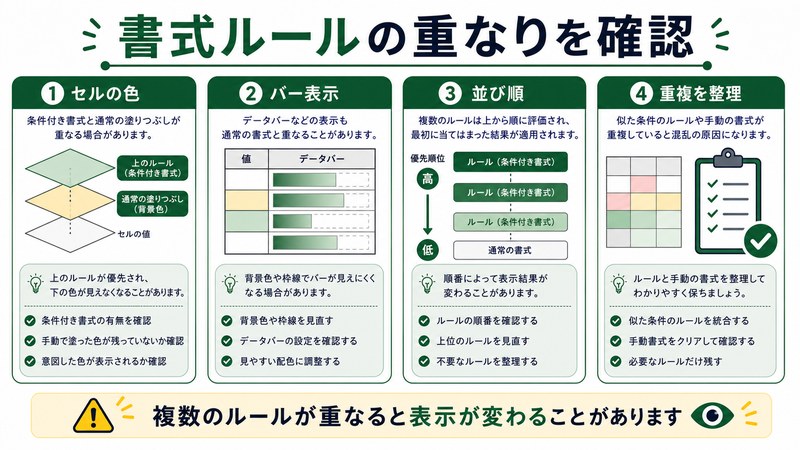 セルの色、バー表示、並び順、重複整理を整理した日本語図解