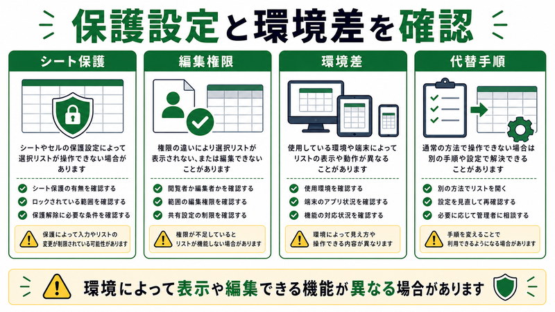 シート保護、編集権限、環境差、代替手順を整理した日本語図解