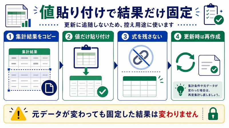 集計結果のコピー、値だけ貼り付け、式を残さない、更新時の再作成を整理した日本語図解