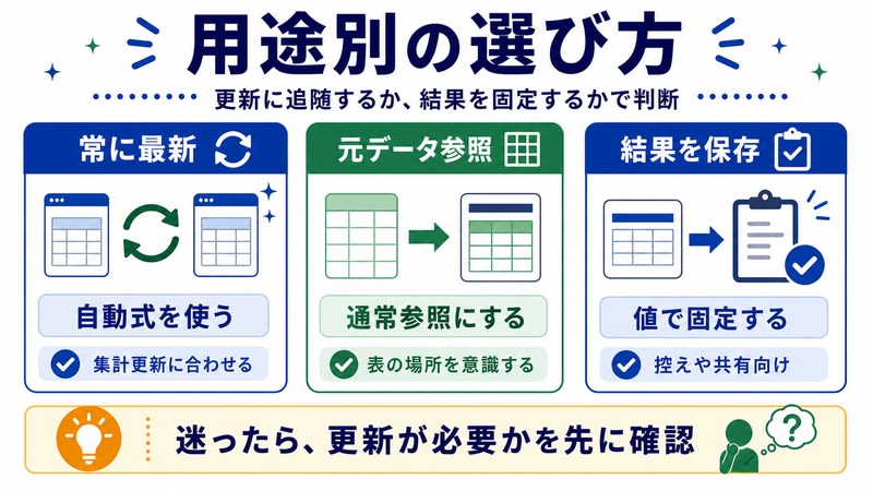 常に最新、元データ参照、結果保存の選び方を整理した日本語図解