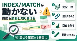 ExcelのINDEX MATCH関数が動かない原因と確認順