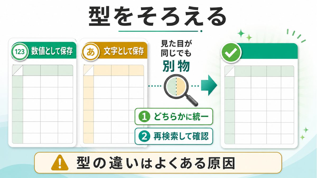 INDEX MATCHで数値と文字列の型をそろえる確認
