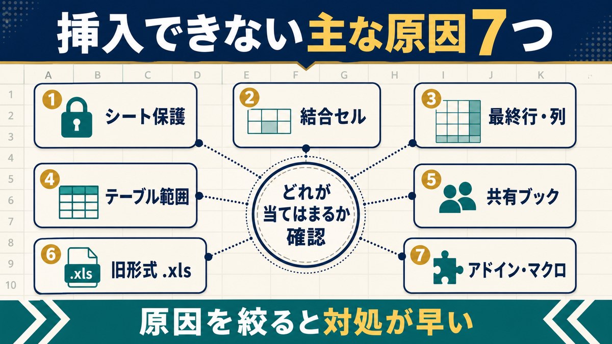 Excelで行・列の挿入ができない主な原因7つの図解