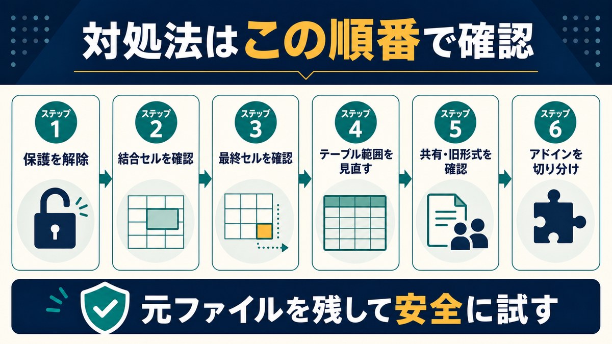 Excelで行列挿入できない時に確認する対処順序の図解
