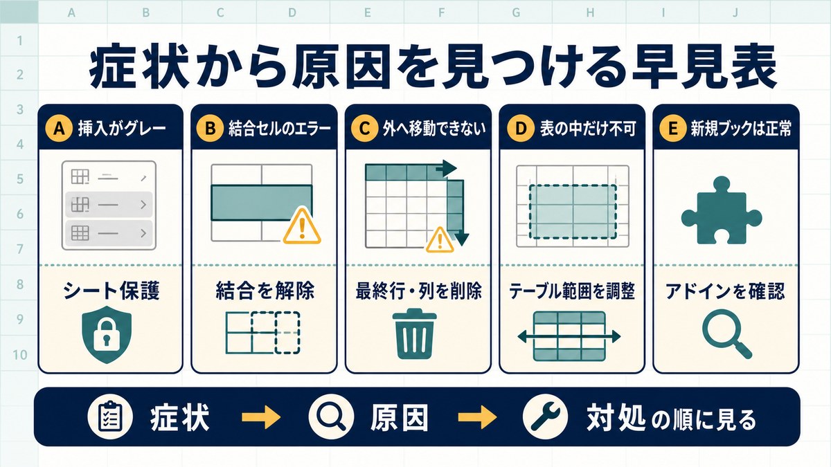 Excelで行列挿入できない症状と原因の早見表