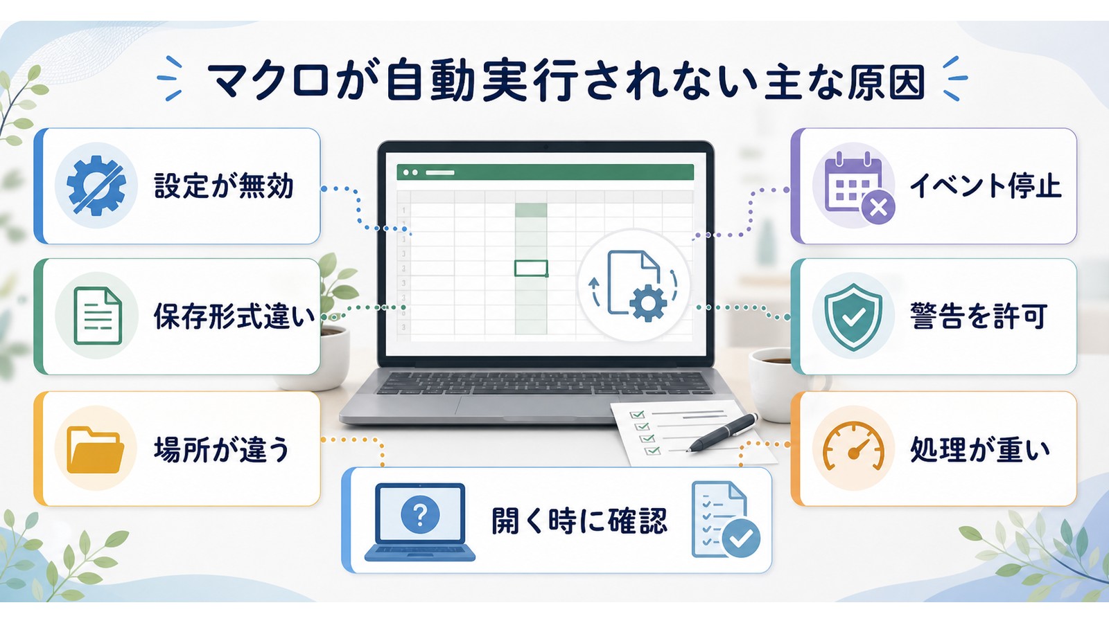 Excelマクロが自動実行されない原因として設定が無効保存形式違い場所違いイベント停止警告許可処理が重いを整理した図解