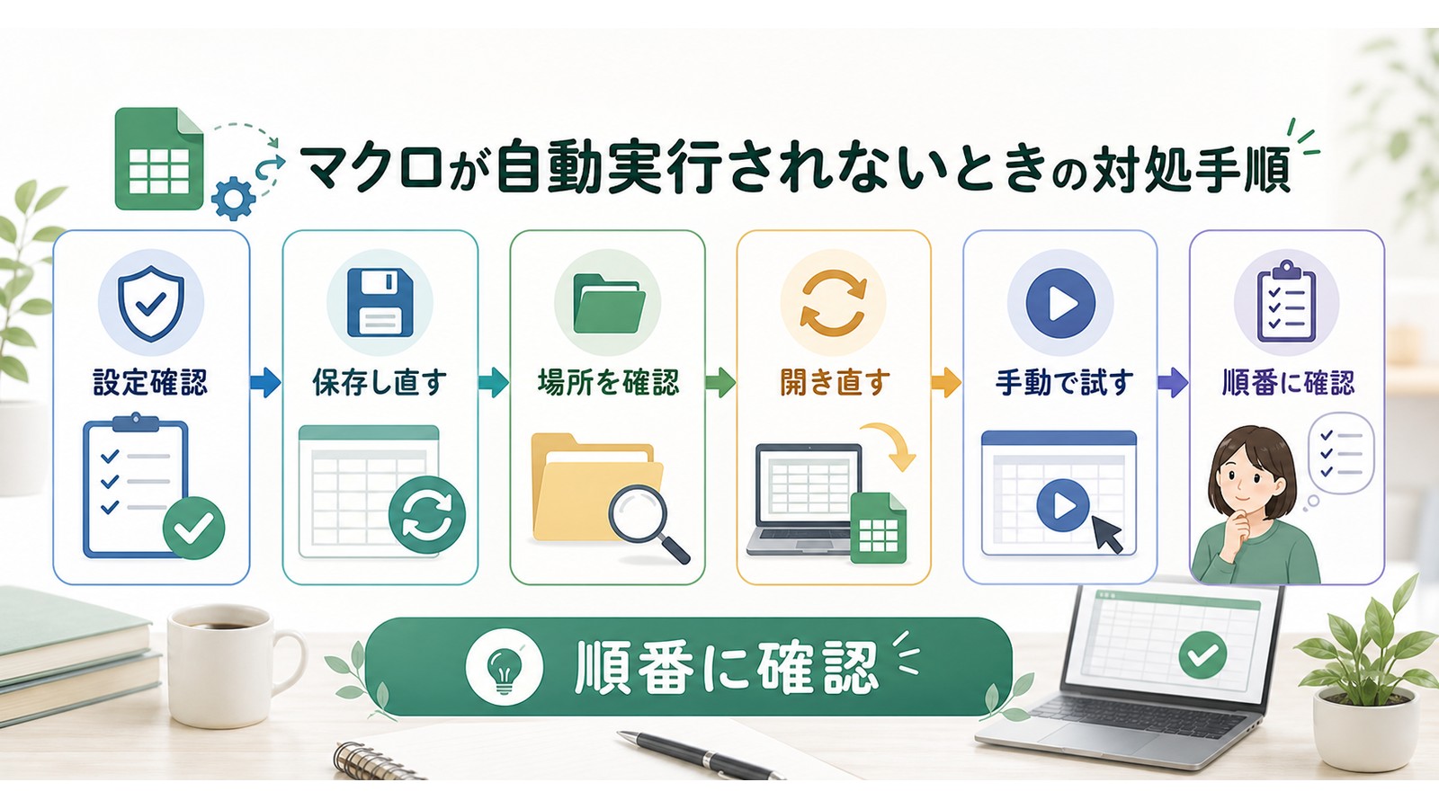 Excelマクロが自動実行されない時に設定確認保存し直す場所確認開き直す手動実行を順に試す図解
