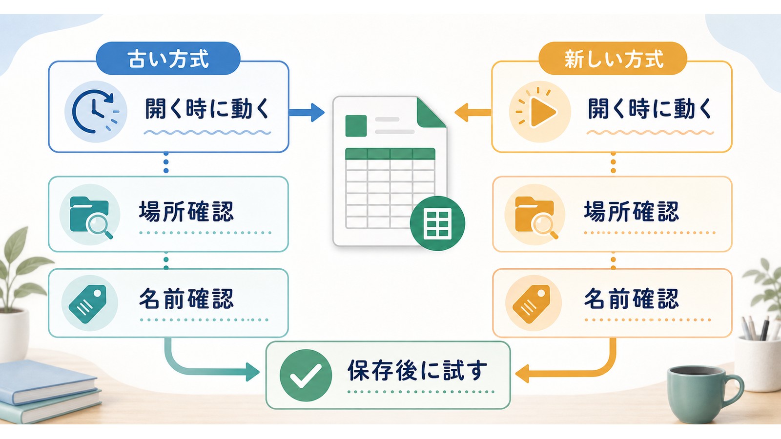 Excelマクロを開く時に動かす古い方式新しい方式場所確認名前確認保存後の確認を整理した図解