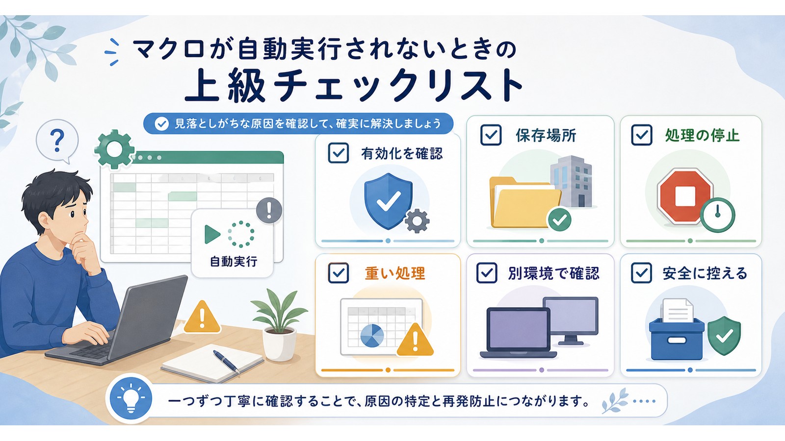 Excelマクロが動かない時に有効化保存場所処理の停止重い処理別環境安全な控えを確認する図解