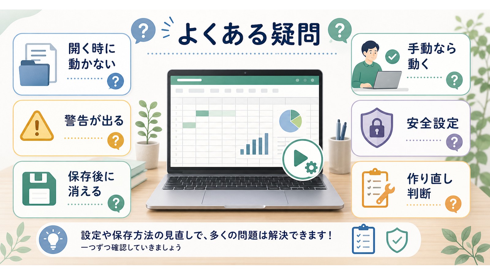 Excelマクロ自動実行の疑問として開く時に動かない警告が出る保存後に消える手動なら動く安全設定作り直し判断を整理した図解