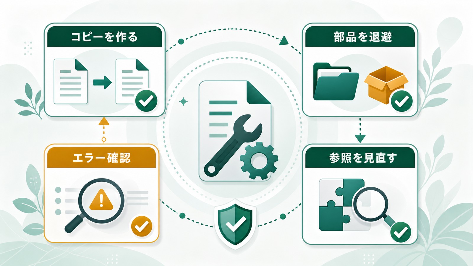 Excelの自動処理プロジェクトを修復するためにコピーを作り部品を退避しエラー確認と参照見直しを行う図解