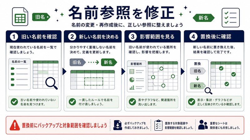 旧い名前確認、新しい名前決定、影響範囲確認、置換後確認を整理した日本語図解