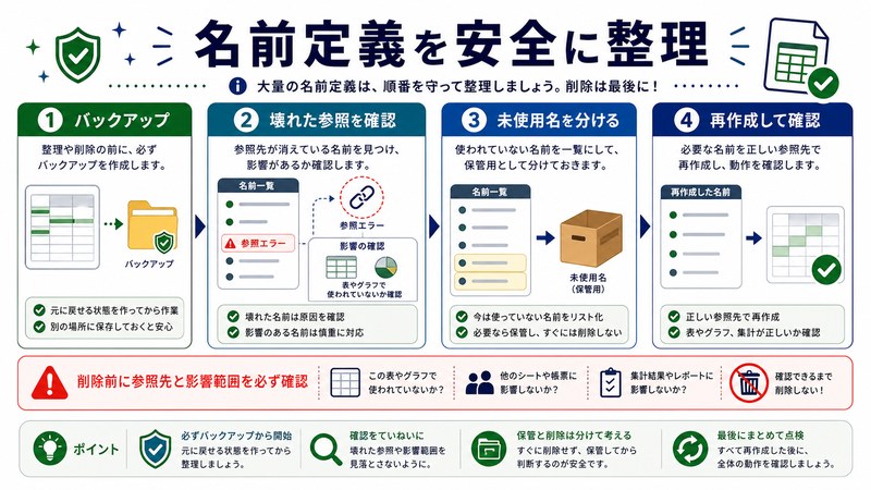 バックアップ、壊れた参照確認、未使用名の分類、再作成確認を整理した日本語図解