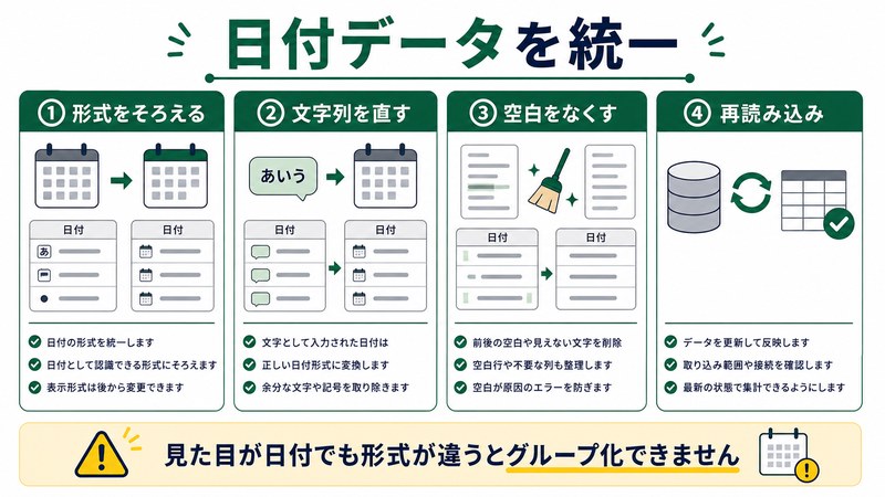 日付形式、文字列修正、空白除外、再読み込みを整理した日本語図解