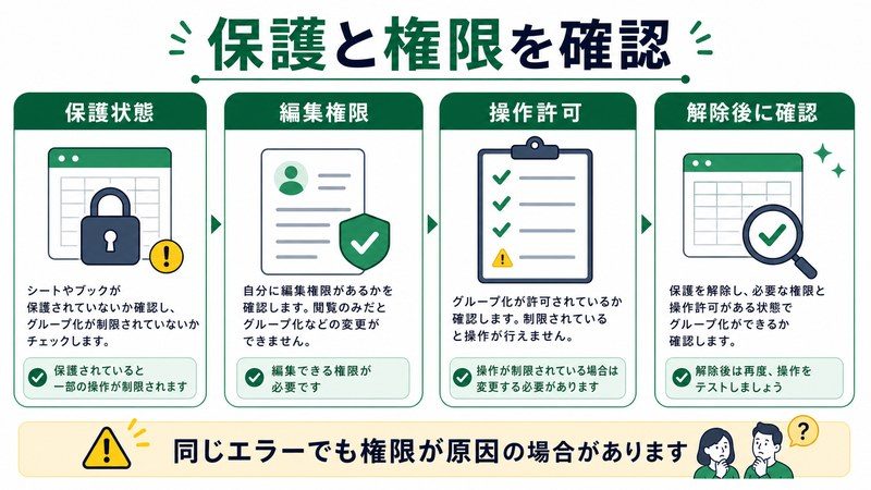 保護状態、編集権限、操作許可、解除後確認を整理した日本語図解
