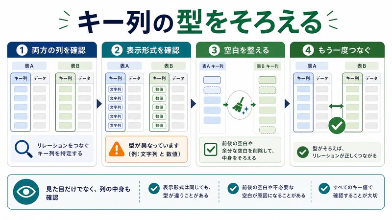 列確認、表示形式確認、空白整理、再接続を整理した日本語図解