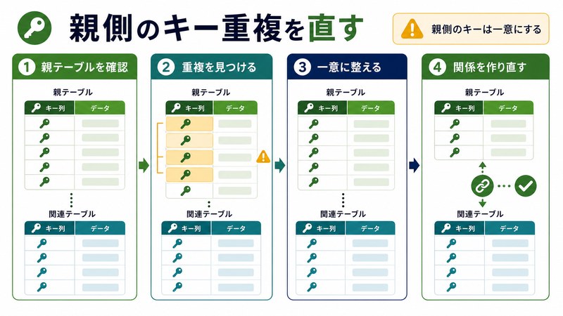 親テーブル確認、重複検出、一意化、関係作り直しを整理した日本語図解