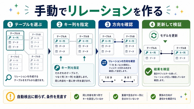 テーブル選択、キー列指定、方向確認、更新検証を整理した日本語図解